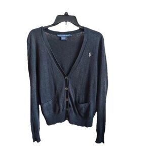 Ralph Lauren Sport Button Up CARDIGAN Women L Black Linen Silk Fitted Y2K